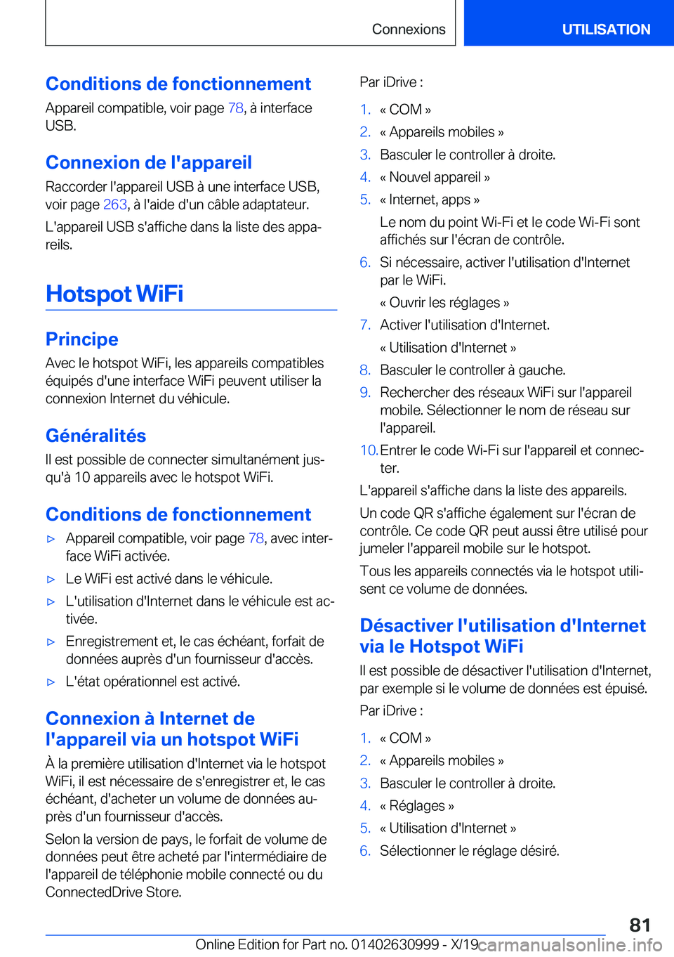 BMW 2 SERIES GRAN COUPE 2020  Notices Demploi (in French) �C�o�n�d�i�t�i�o�n�s��d�e��f�o�n�c�t�i�o�n�n�e�m�e�n�t
�A�p�p�a�r�e�i�l��c�o�m�p�a�t�i�b�l�e�,��v�o�i�r��p�a�g�e� �7�8�,��