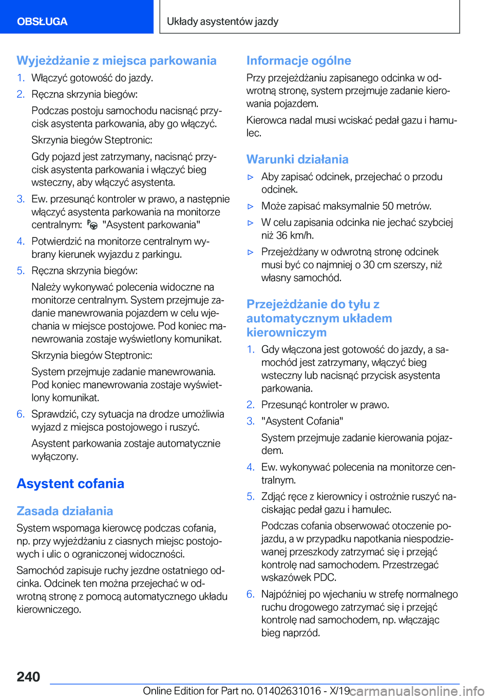 BMW 2 SERIES GRAN COUPE 2020  Instrukcja obsługi (in Polish) �W�y�j�e9�d9�a�n�i�e��z��m�i�e�j�s�c�a��p�a�r�k�o�w�a�n�i�a�1�.�W�ł�