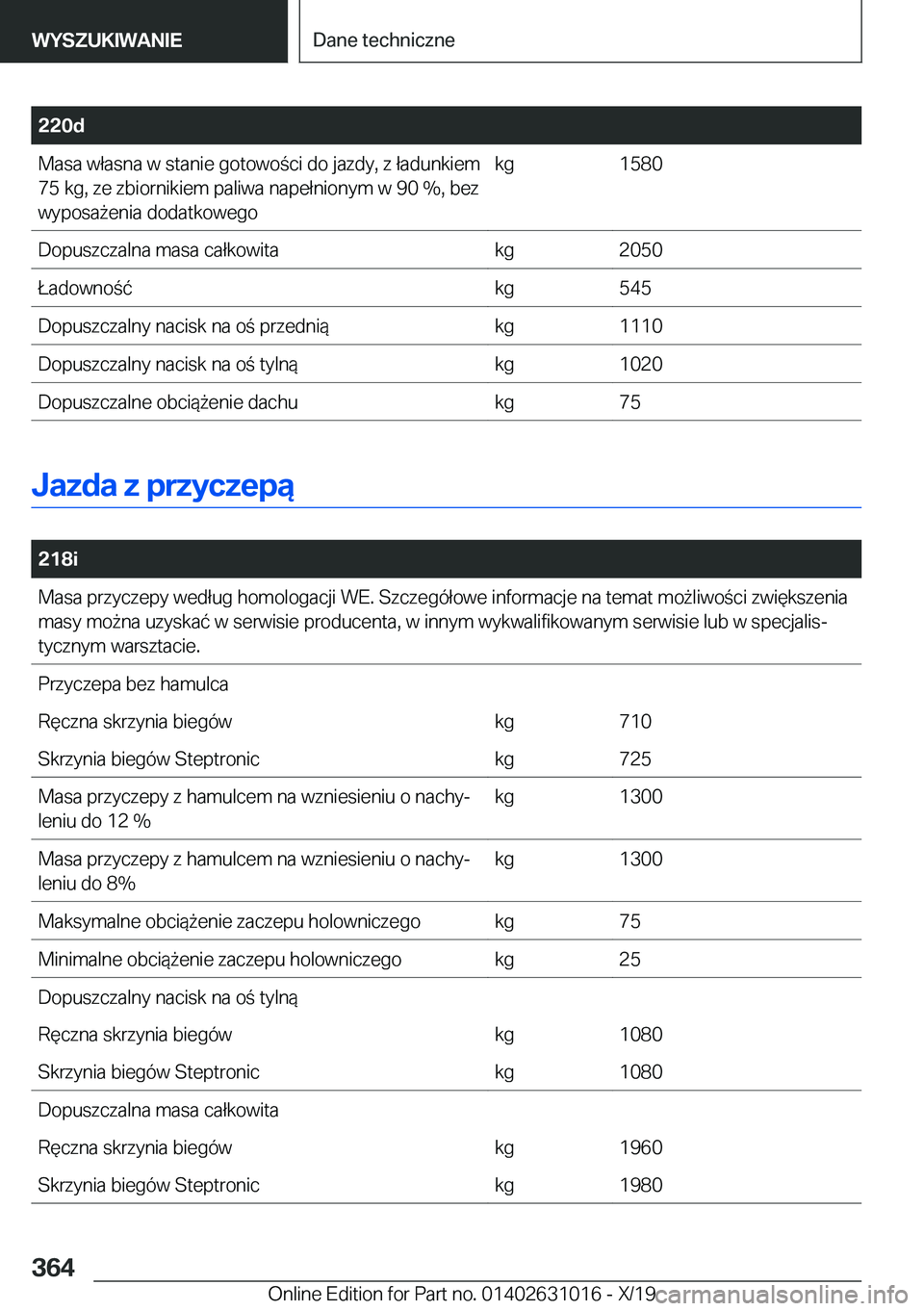 BMW 2 SERIES GRAN COUPE 2020  Instrukcja obsługi (in Polish) �2�2�0�d�M�a�s�a��w�ł�a�s�n�a��w��s�t�a�n�i�e��g�o�t�o�w�o�c�i��d�o��j�a�z�d�y�,��z��ł�a�d�u�n�k�i�e�m
�7�5��k�g�,��z�e��z�b�i�o�r�n�i�k�i�e�m��p�a�l�i�w�a��n�a�p�e�ł�n�i�o�n�y�m��w