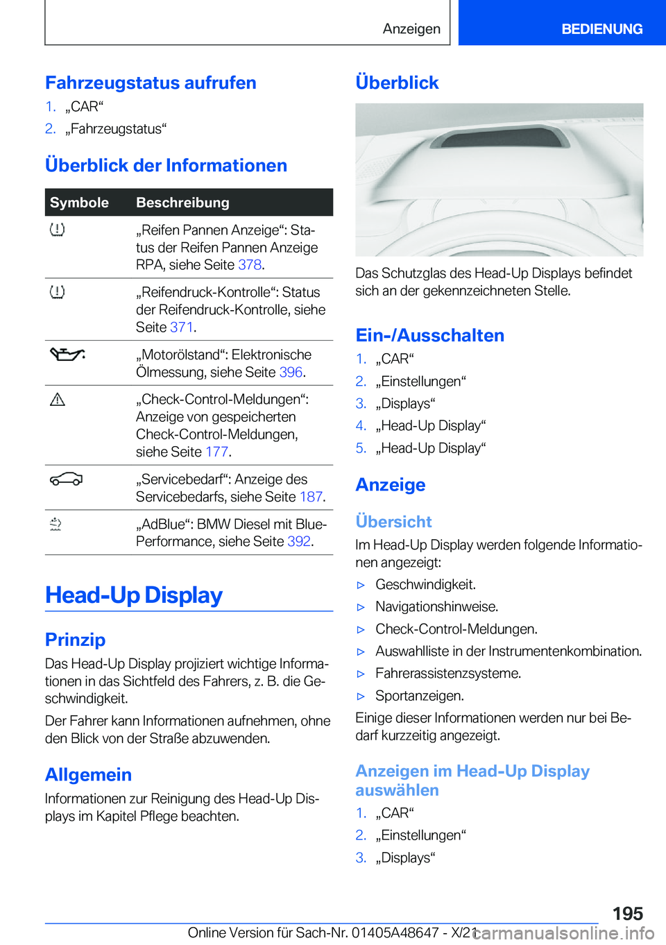 BMW 3 SERIES 2022  Betriebsanleitungen (in German) �F�a�h�r�z�e�u�g�s�t�a�t�u�s��a�u�f�r�u�f�e�n�1�.x�C�A�Rv�2�.x�F�a�h�r�z�e�u�g�s�t�a�t�u�sv
�