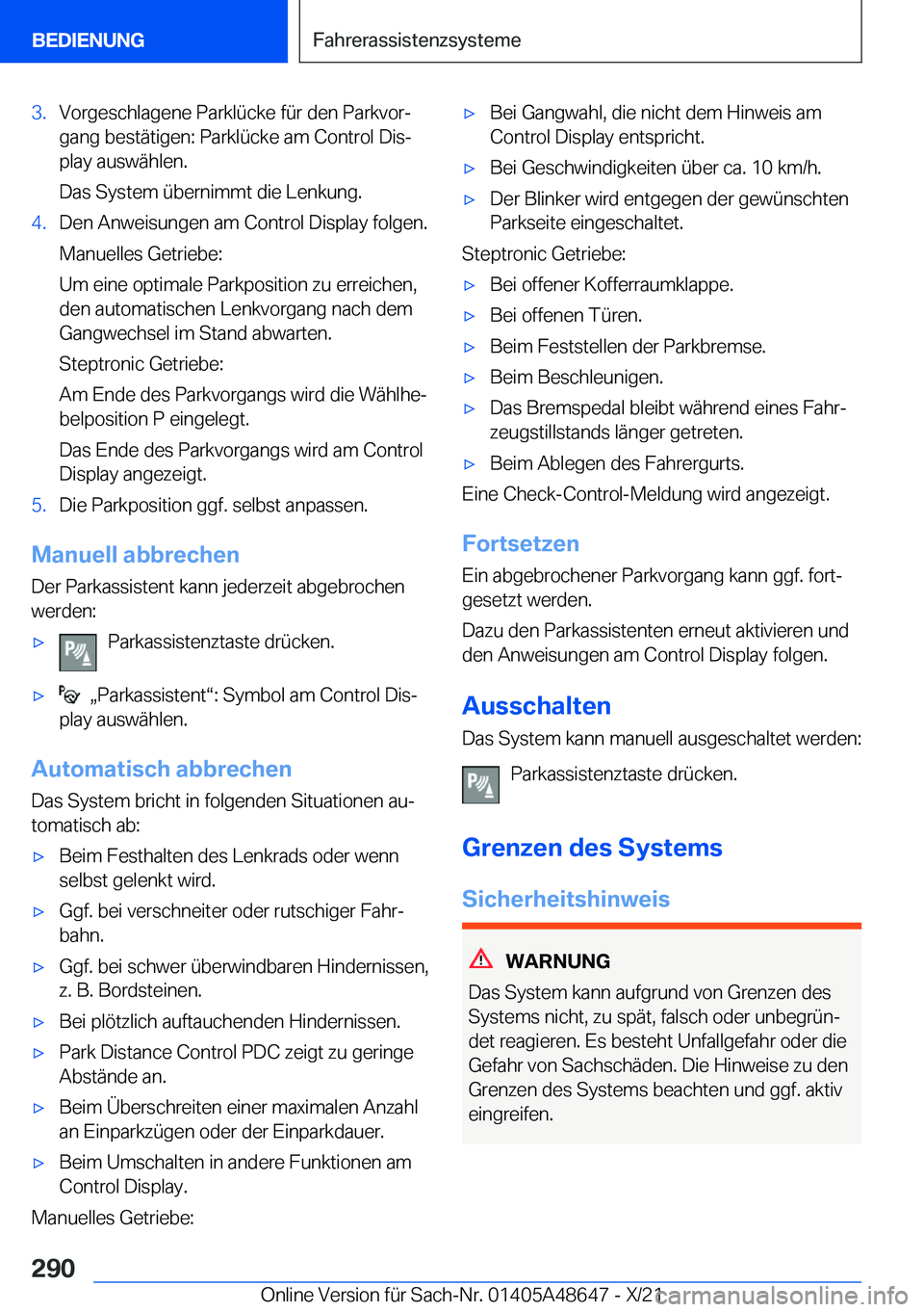 BMW 3 SERIES 2022  Betriebsanleitungen (in German) �3�.�V�o�r�g�e�s�c�h�l�a�g�e�n�e��P�a�r�k�l�