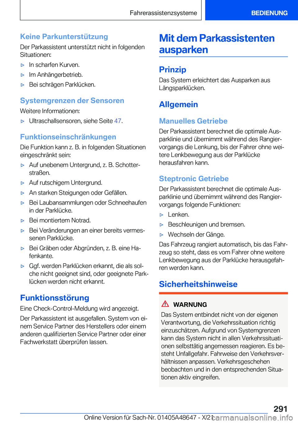 BMW 3 SERIES 2022  Betriebsanleitungen (in German) �K�e�i�n�e��P�a�r�k�u�n�t�e�r�s�t�
