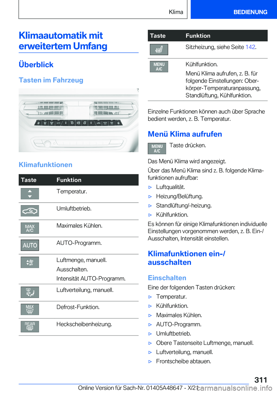 BMW 3 SERIES 2022  Betriebsanleitungen (in German) �K�l�i�m�a�a�u�t�o�m�a�t�i�k��m�i�t�e�r�w�e�i�t�e�r�t�e�m��U�m�f�a�n�g
�