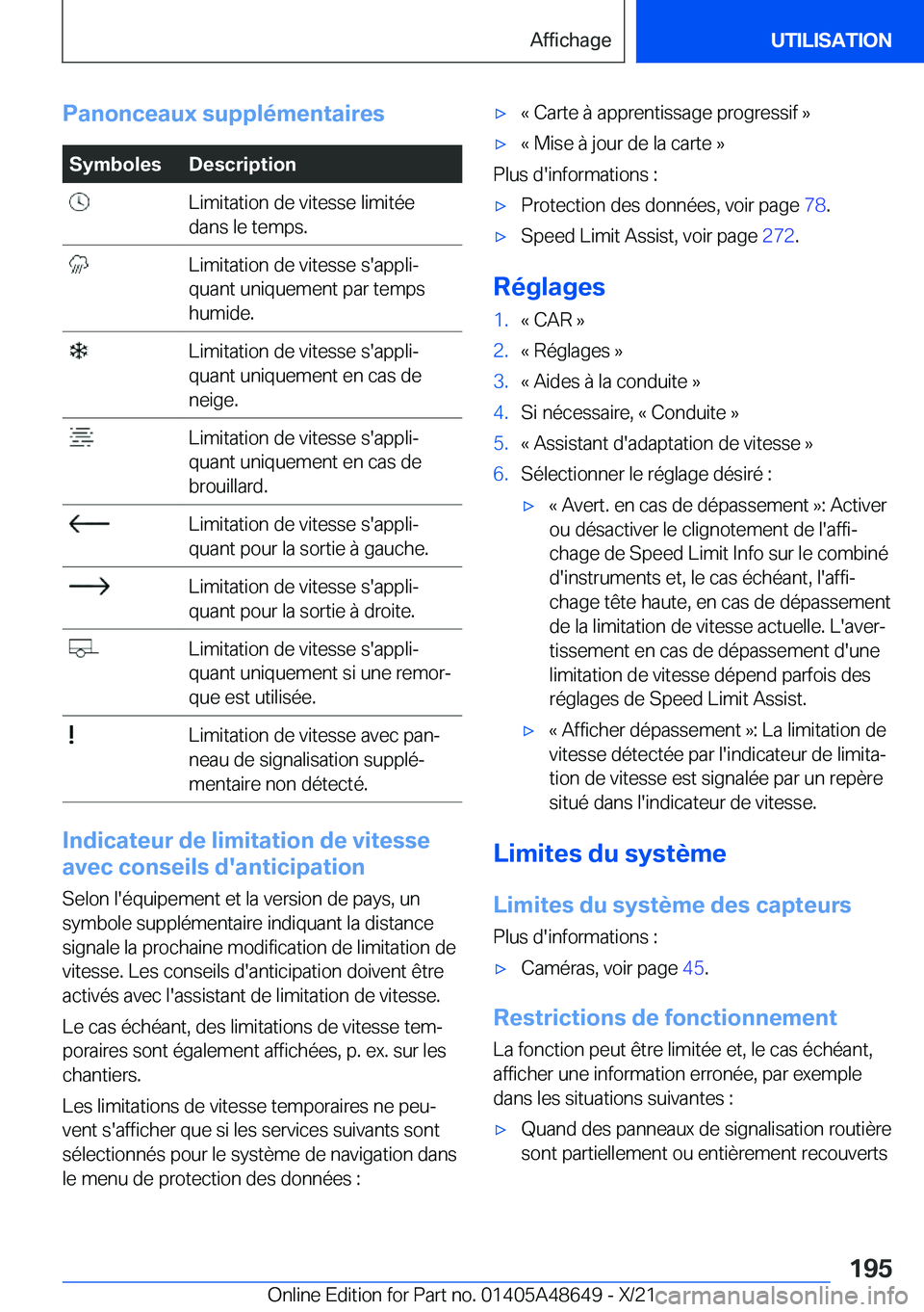 BMW 3 SERIES 2022  Notices Demploi (in French) �P�a�n�o�n�c�e�a�u�x��s�u�p�p�l�é�m�e�n�t�a�i�r�e�s�S�y�m�b�o�l�e�s�D�e�s�c�r�i�p�t�i�o�n��L�i�m�i�t�a�t�i�o�n��d�e��v�i�t�e�s�s�e��l�i�m�i�t�é�e
�d�a�n�s��l�e��t�e�m�p�s�.��L�i�m�i�t�a�t�i�