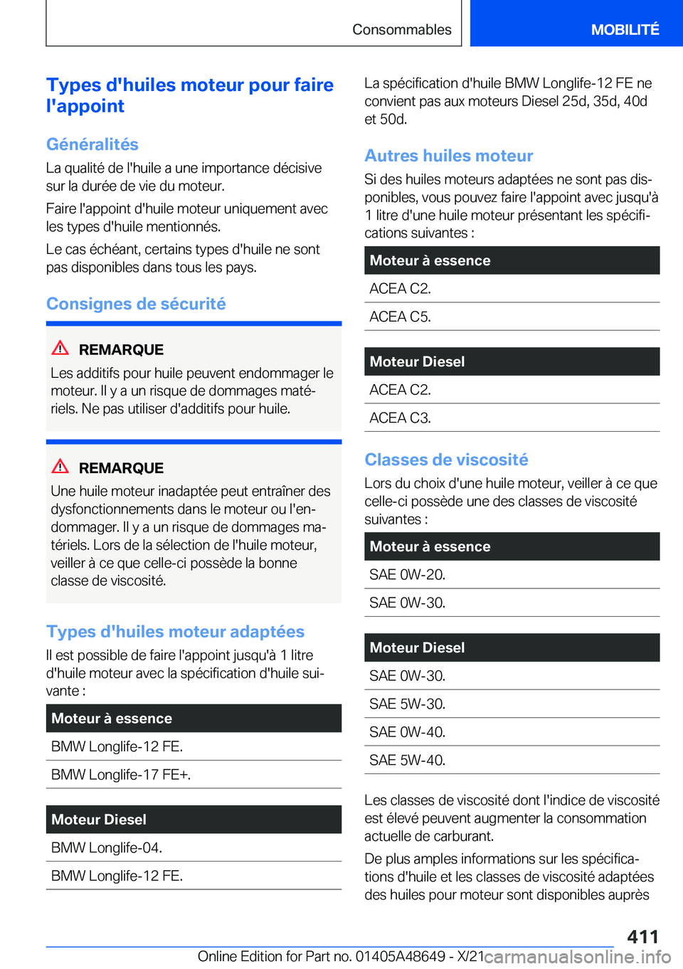 BMW 3 SERIES 2022  Notices Demploi (in French) �T�y�p�e�s��d�'�h�u�i�l�e�s��m�o�t�e�u�r��p�o�u�r��f�a�i�r�e
�l�'�a�p�p�o�i�n�t
�G�é�n�é�r�a�l�i�t�é�s
�L�a��q�u�a�l�i�t�é��d�e��l�'�h�u�i�l�e��a��u�n�e��i�m�p�o�r�t�a�n�c�e�