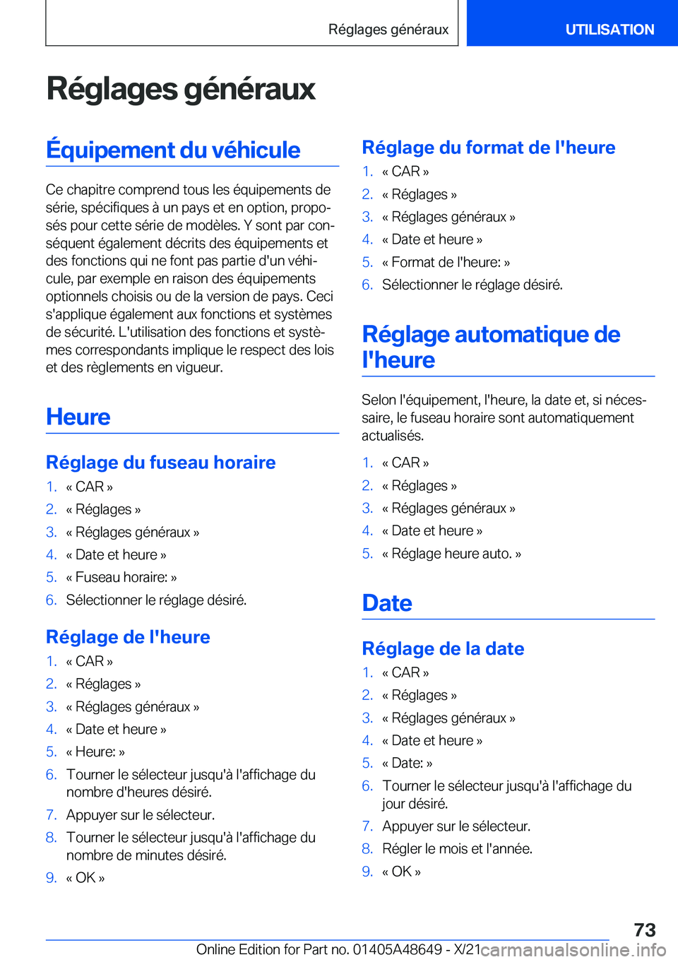 BMW 3 SERIES 2022  Notices Demploi (in French) �R�é�g�l�a�g�e�s��g�é�n�é�r�a�u�x�