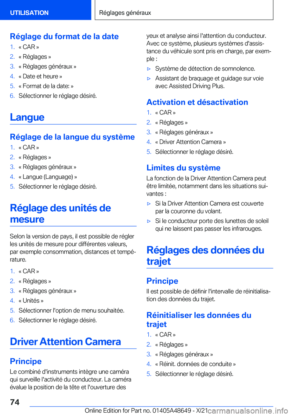 BMW 3 SERIES 2022  Notices Demploi (in French) �R�é�g�l�a�g�e��d�u��f�o�r�m�a�t��d�e��l�a��d�a�t�e�1�.�k��C�A�R��{�2�.�k��R�é�g�l�a�g�e�s��{�3�.�k��R�é�g�l�a�g�e�s��g�é�n�é�r�a�u�x��{�4�.�k��D�a�t�e��e�t��h�e�u�r�e��{�5�.�k��