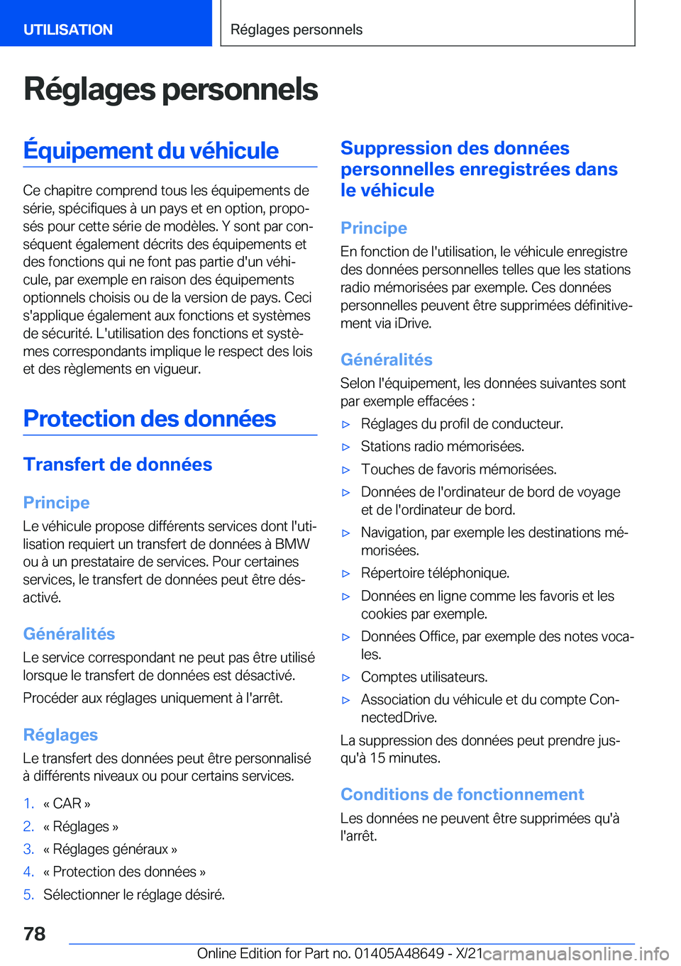 BMW 3 SERIES 2022  Notices Demploi (in French) �R�é�g�l�a�g�e�s��p�e�r�s�o�n�n�e�l�s�