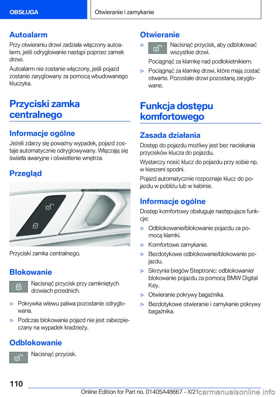 BMW 3 SERIES 2022  Instrukcja obsługi (in Polish) �A�u�t�o�a�l�a�r�m�P�r�z�y��o�t�w�i�e�r�a�n�i�u��d�r�z�w�i��z�a�d�z�i�a�ł�a��w�ł�