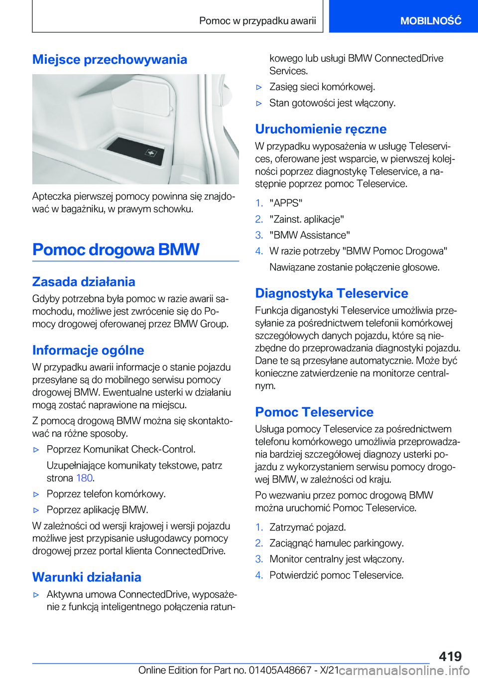 BMW 3 SERIES 2022  Instrukcja obsługi (in Polish) �M�i�e�j�s�c�e��p�r�z�e�c�h�o�w�y�w�a�n�i�a
�A�p�t�e�c�z�k�a��p�i�e�r�w�s�z�e�j��p�o�m�o�c�y��p�o�w�i�n�n�a��s�i�