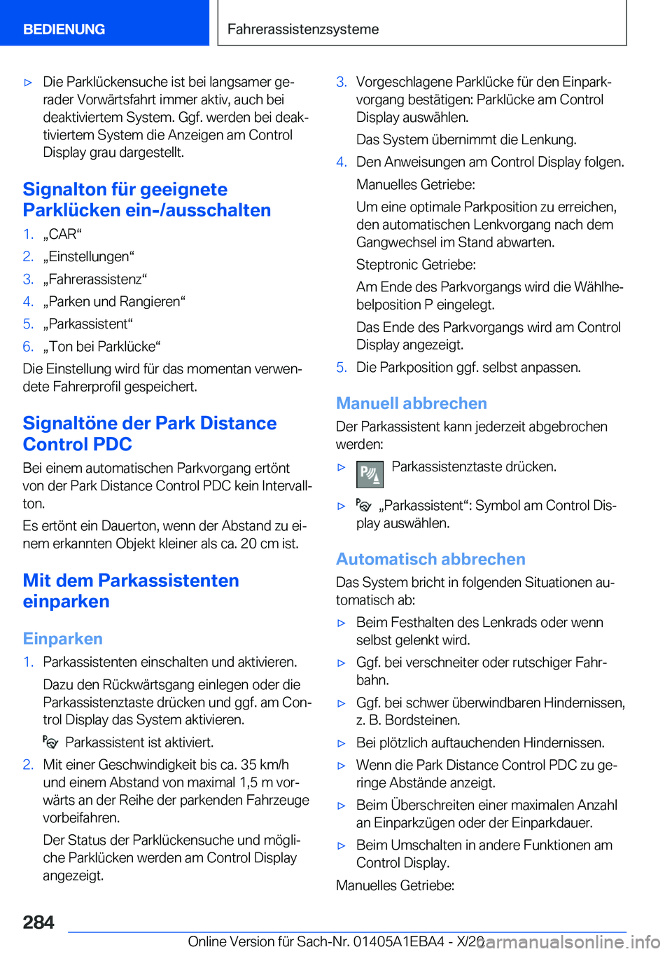 BMW 3 SERIES 2021  Betriebsanleitungen (in German) x�D�i�e��P�a�r�k�l�