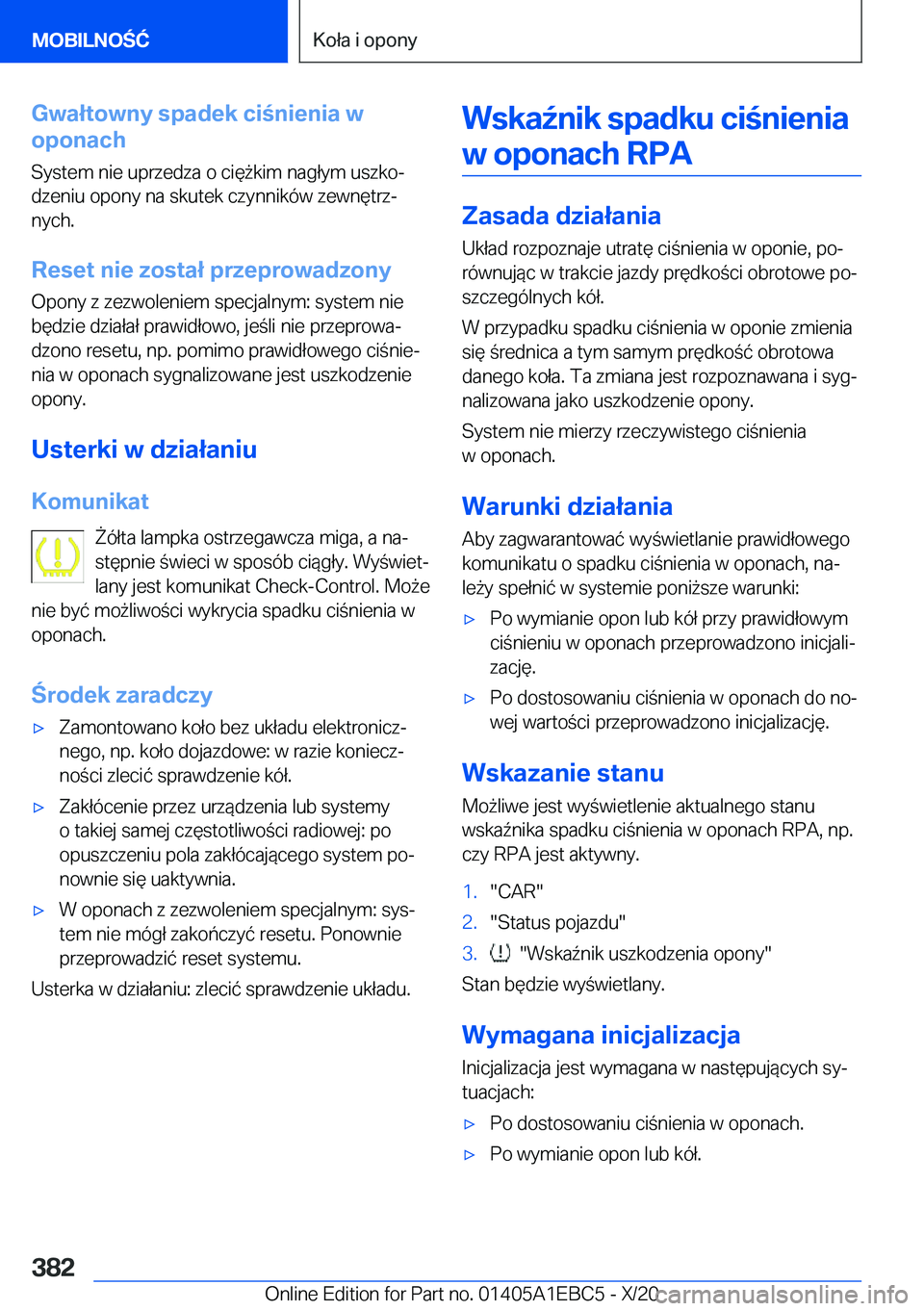 BMW 3 SERIES 2021  Instrukcja obsługi (in Polish) �G�w�a�ł�t�o�w�n�y��s�p�a�d�e�k��c�i�n�i�e�n�i�a��w
�o�p�o�n�a�c�h
�S�y�s�t�e�m��n�i�e��u�p�r�z�e�d�z�a��o��c�i�