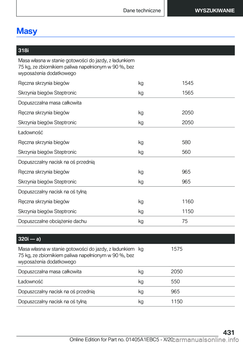BMW 3 SERIES 2021  Instrukcja obsługi (in Polish) �M�a�s�y
�
�3�1�8�i�M�a�s�a��w�ł�a�s�n�a��w��s�t�a�n�i�e��g�o�t�o�w�o�c�i��d�o��j�a�z�d�y�,��z��ł�a�d�u�n�k�i�e�m
�7�5��k�g�,��z�e��z�b�i�o�r�n�i�k�i�e�m��p�a�l�i�w�a��n�a�p�e�ł�n�i