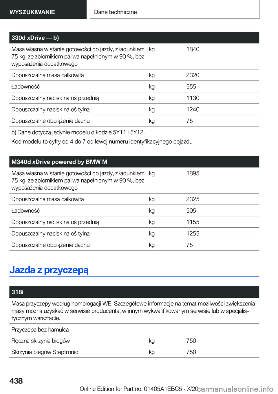 BMW 3 SERIES 2021  Instrukcja obsługi (in Polish) �3�3�0�d��x�D�r�i�v�e�n��b�
�M�a�s�a��w�ł�a�s�n�a��w��s�t�a�n�i�e��g�o�t�o�w�o�c�i��d�o��j�a�z�d�y�,��z��ł�a�d�u�n�k�i�e�m
�7�5��k�g�,��z�e��z�b�i�o�r�n�i�k�i�e�m��p�a�l�i�w�a��n�