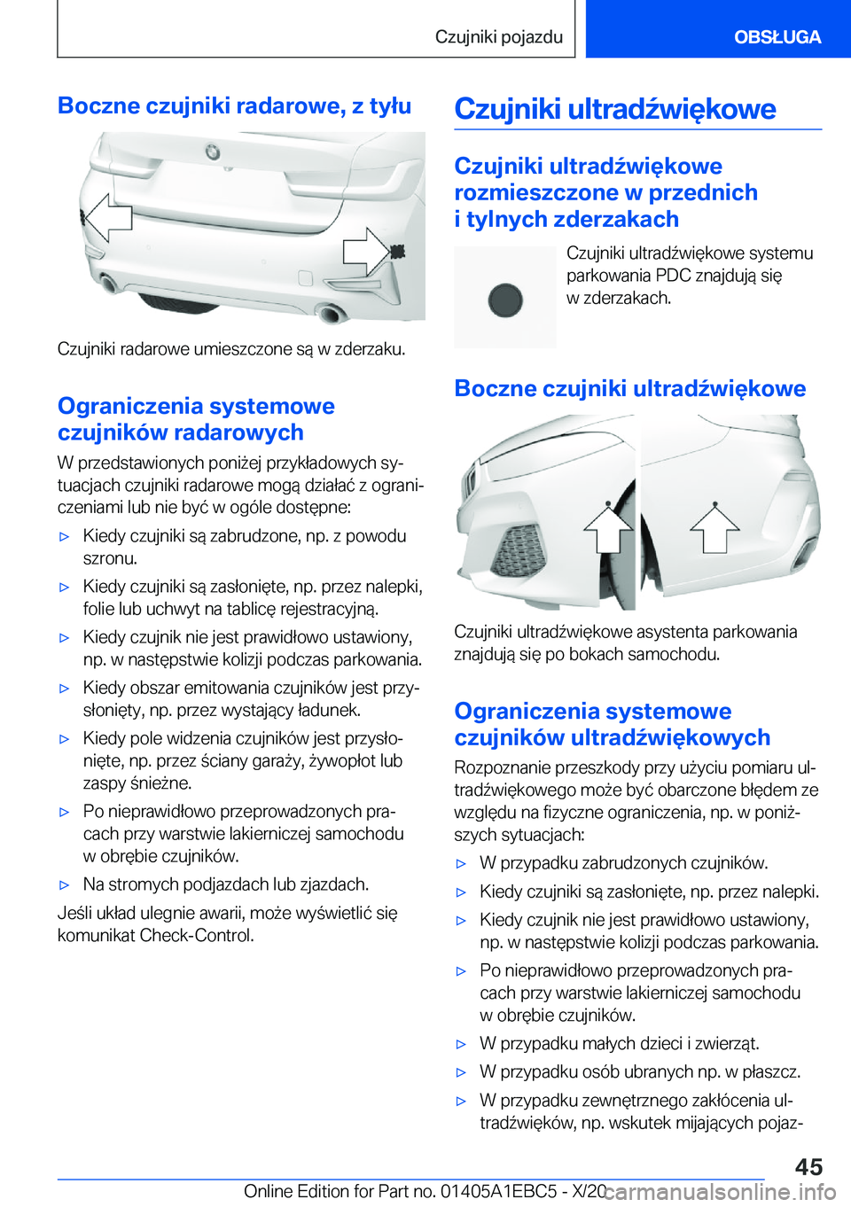 BMW 3 SERIES 2021  Instrukcja obsługi (in Polish) �B�o�c�z�n�e��c�z�u�j�n�i�k�i��r�a�d�a�r�o�w�e�,��z��t�y�ł�u
�C�z�u�j�n�i�k�i��r�a�d�a�r�o�w�e��u�m�i�e�s�z�c�z�o�n�e��s�
