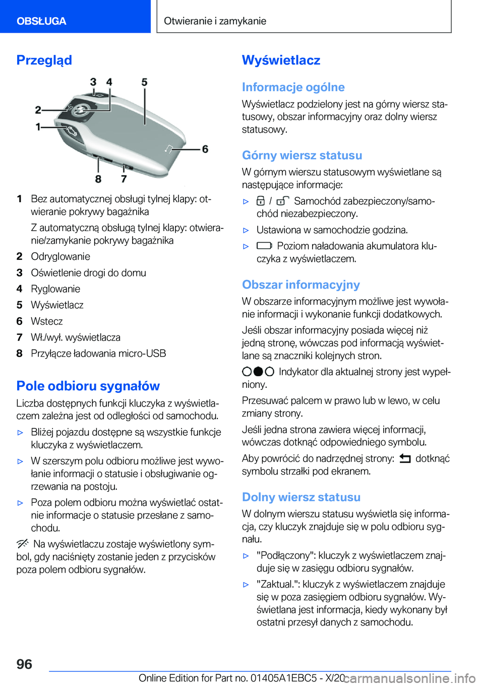 BMW 3 SERIES 2021  Instrukcja obsługi (in Polish) �P�r�z�e�g�l�ą�d�1�B�e�z��a�u�t�o�m�a�t�y�c�z�n�e�j��o�b�s�ł�u�g�i��t�y�l�n�e�j��k�l�a�p�y�:��o�tj�w�i�e�r�a�n�i�e��p�o�k�r�y�w�y��b�a�g�a9�n�i�k�a
�Z��a�u�t�o�m�a�t�y�c�z�n�