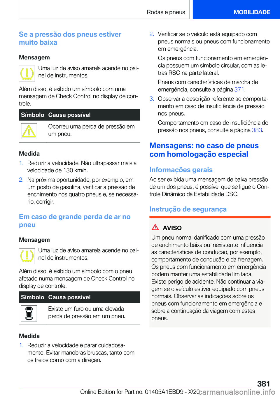 BMW 3 SERIES 2021  Manual do condutor (in Portuguese) �S�e��a��p�r�e�s�s�ã�o��d�o�s��p�n�e�u�s��e�s�t�i�v�e�r
�m�u�i�t�o��b�a�i�x�a
�M�e�n�s�a�g�e�m �U�m�a��l�u�z��d�e��a�v�i�s�o��a�m�a�r�e�l�a��a�c�e�n�d�e��n�o��p�a�iª
�n�e�l��d�e��i�n
