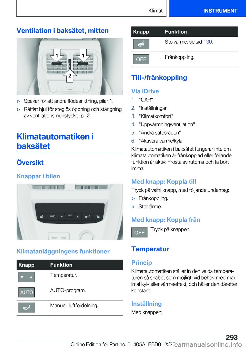 BMW 3 SERIES 2021  InstruktionsbÖcker (in Swedish) �V�e�n�t�i�l�a�t�i�o�n��i��b�a�k�s�ä�t�e�t�,��m�i�t�t�e�n'x�S�p�a�k�a�r��f�