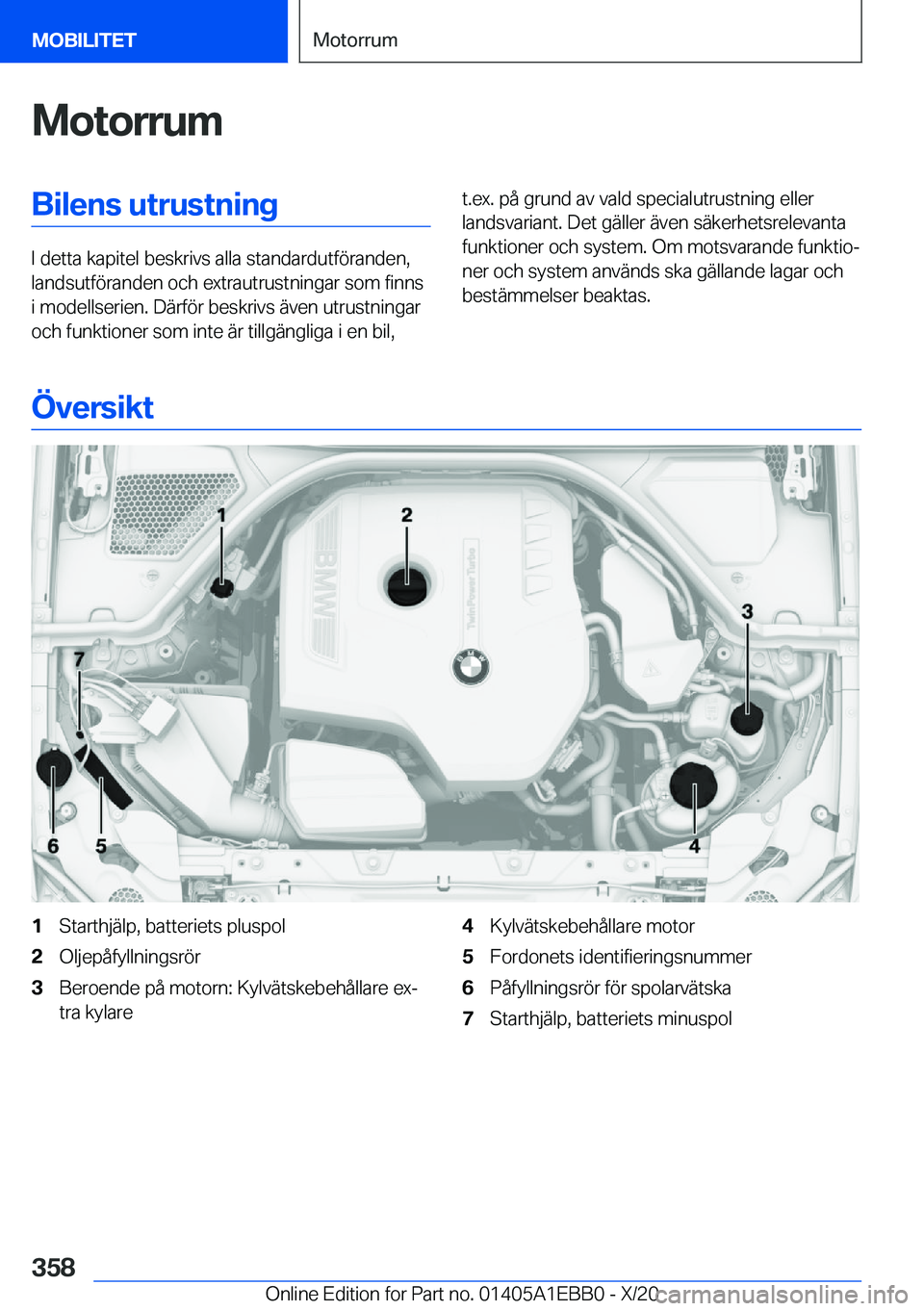 BMW 3 SERIES 2021  InstruktionsbÖcker (in Swedish) �M�o�t�o�r�r�u�m�B�i�l�e�n�s��u�t�r�u�s�t�n�i�n�g
�I��d�e�t�t�a��k�a�p�i�t�e�l��b�e�s�k�r�i�v�s��a�l�l�a��s�t�a�n�d�a�r�d�u�t�f�