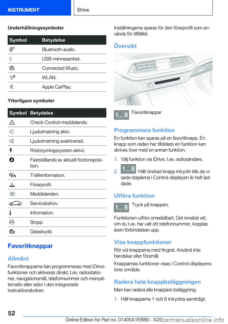 BMW 3 SERIES 2021  InstruktionsbÖcker (in Swedish) �U�n�d�e�r�h�å�l�l�n�i�n�g�s�s�y�m�b�o�l�e�r�S�y�m�b�o�l�B�e�t�y�d�e�l�s�e��B�l�u�e�t�o�o�t�h�-�a�u�d�i�o�.��U�S�B�-�m�i�n�n�e�s�e�n�h�e�t�.��C�o�n�n�e�c�t�e�d��M�u�s�i�c�.��W�L�A�N�.��A�p�p�l�