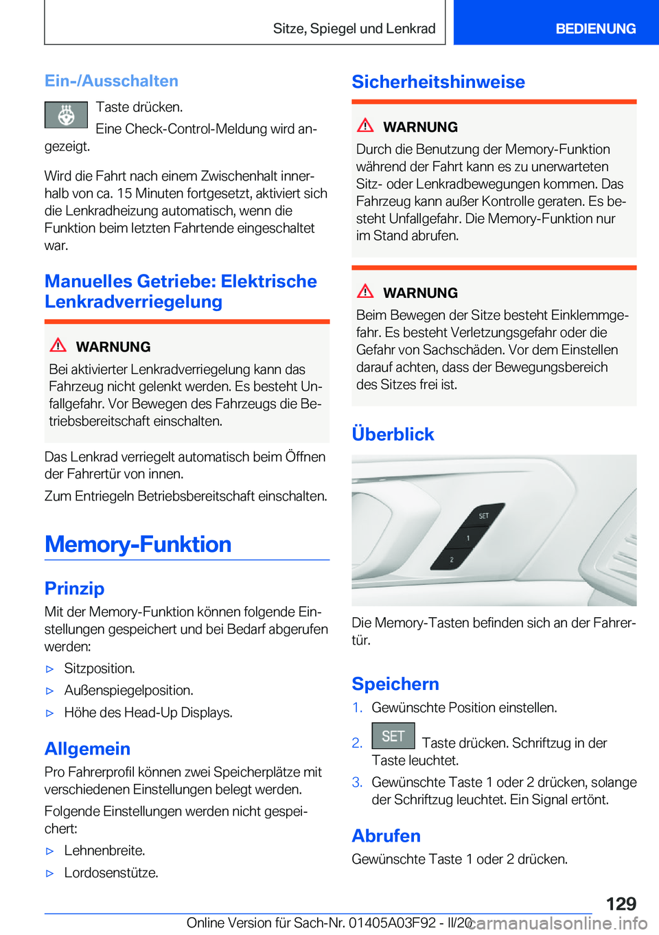 BMW 3 SERIES 2020  Betriebsanleitungen (in German) �E�i�n�-�/�A�u�s�s�c�h�a�l�t�e�n�T�a�s�t�e��d�r�