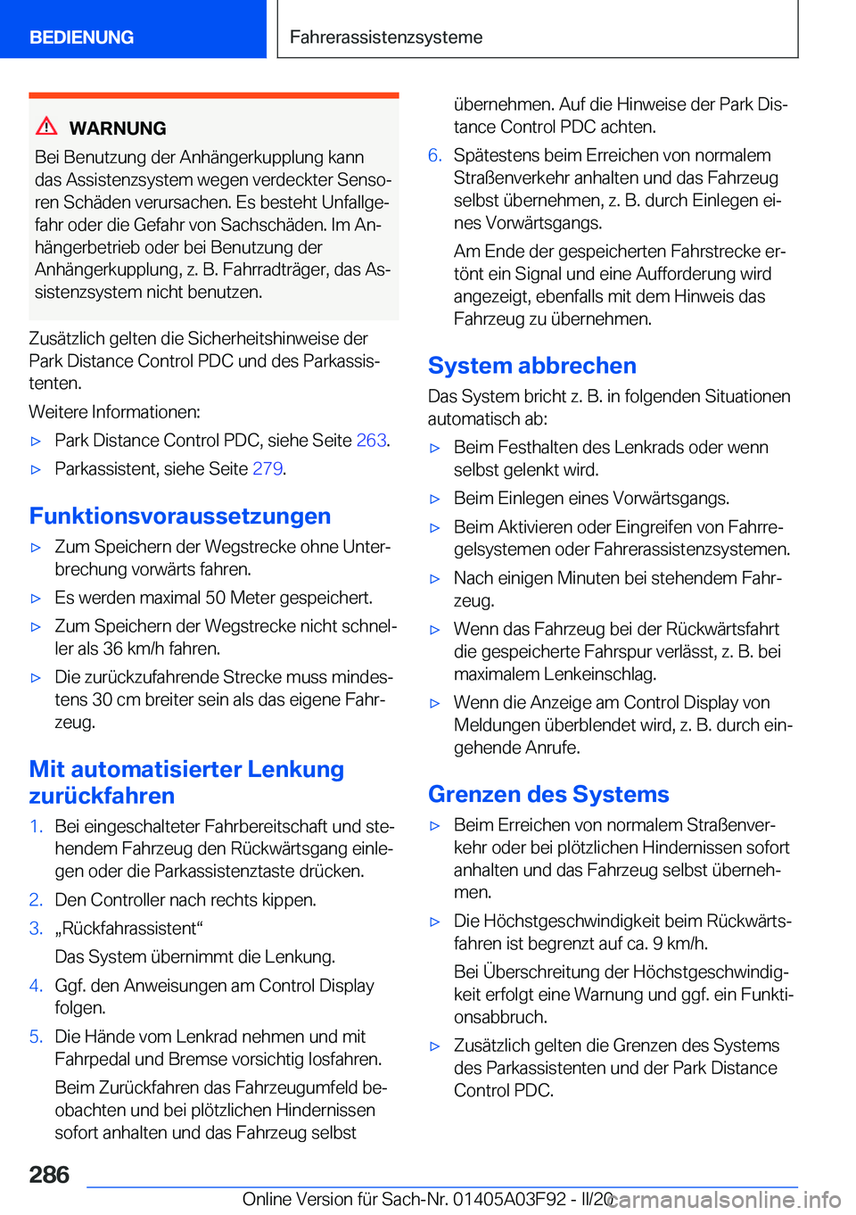 BMW 3 SERIES 2020  Betriebsanleitungen (in German) �W�A�R�N�U�N�G
�B�e�i��B�e�n�u�t�z�u�n�g��d�e�r��A�n�h�