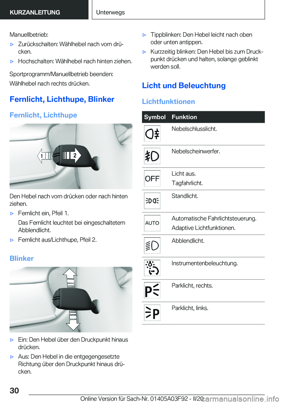 BMW 3 SERIES 2020  Betriebsanleitungen (in German) �M�a�n�u�e�l�l�b�e�t�r�i�e�b�:'x�Z�u�r�