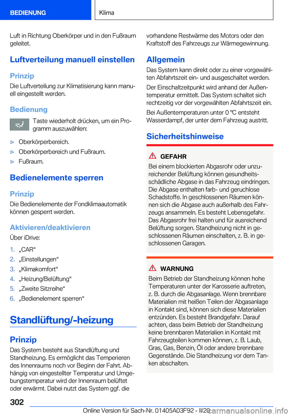 BMW 3 SERIES 2020  Betriebsanleitungen (in German) �L�u�f�t��i�n��R�i�c�h�t�u�n�g��O�b�e�r�k�