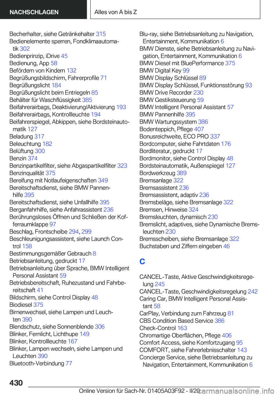 BMW 3 SERIES 2020  Betriebsanleitungen (in German) �B�e�c�h�e�r�h�a�l�t�e�r�,��s�i�e�h�e��G�e�t�r�