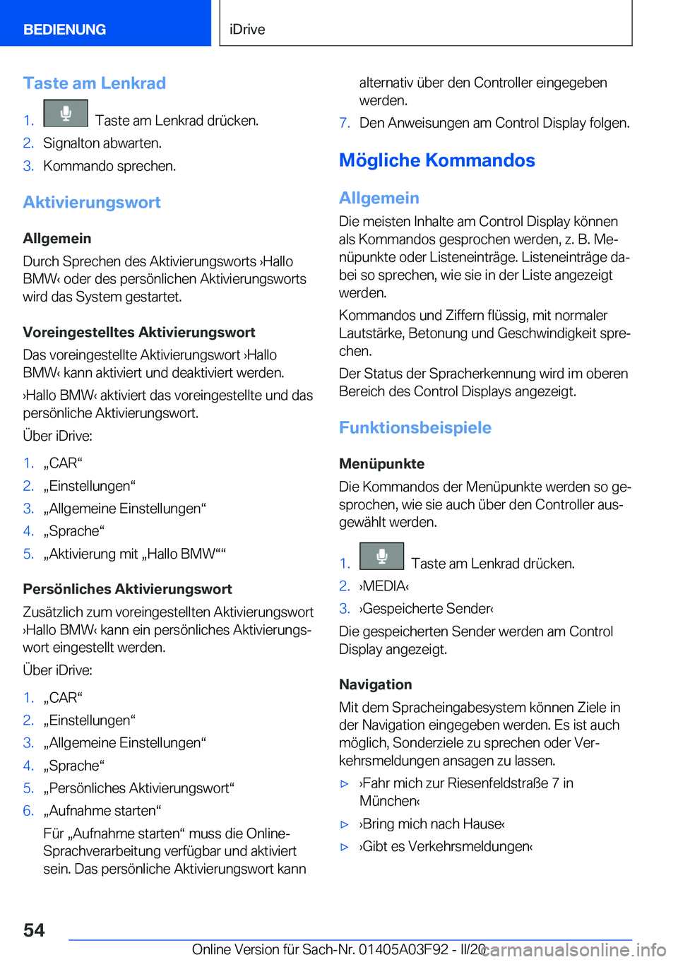 BMW 3 SERIES 2020  Betriebsanleitungen (in German) �T�a�s�t�e��a�m��L�e�n�k�r�a�d�1�.���T�a�s�t�e��a�m��L�e�n�k�r�a�d��d�r�