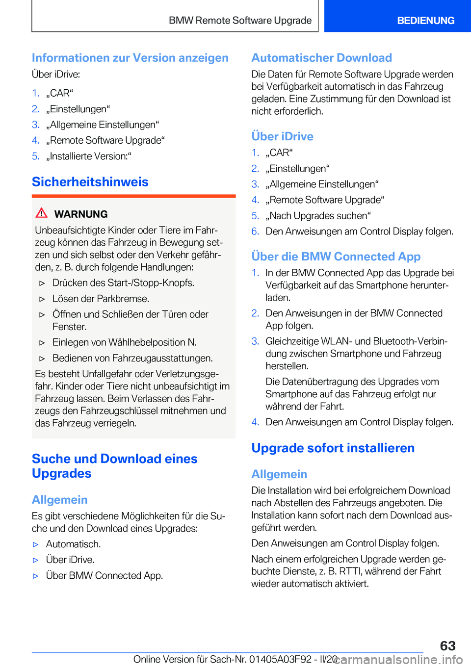 BMW 3 SERIES 2020  Betriebsanleitungen (in German) �I�n�f�o�r�m�a�t�i�o�n�e�n��z�u�r��V�e�r�s�i�o�n��a�n�z�e�i�g�e�n
�