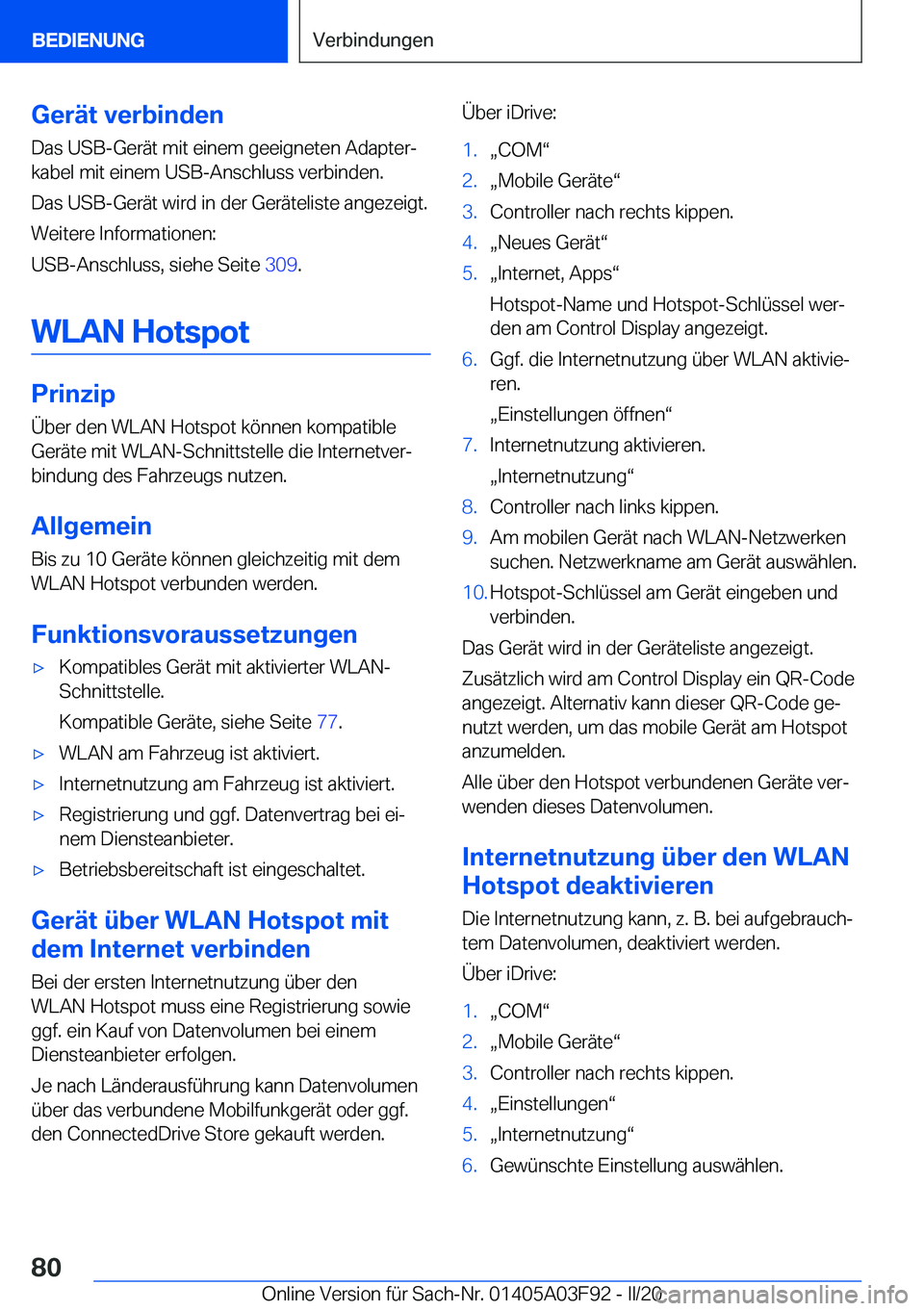 BMW 3 SERIES 2020  Betriebsanleitungen (in German) �G�e�r�