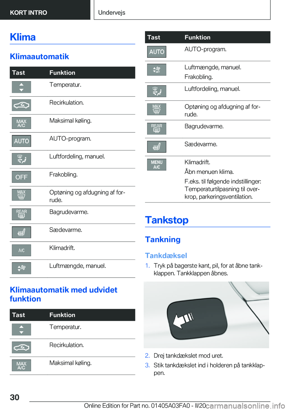 BMW 3 SERIES 2020  InstruktionsbØger (in Danish) �K�l�i�m�a
�K�l�i�m�a�a�u�t�o�m�a�t�i�k
�T�a�s�t�F�u�n�k�t�i�o�n�T�e�m�p�e�r�a�t�u�r�.�R�e�c�i�r�k�u�l�a�t�i�o�n�.�M�a�k�s�i�m�a�l��k�