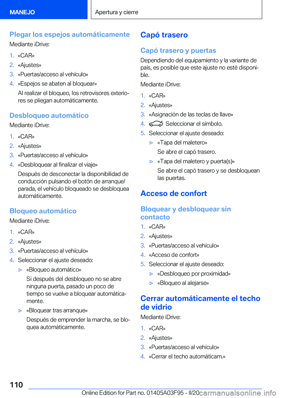 BMW 3 SERIES 2020  Manuales de Empleo (in Spanish) �P�l�e�g�a�r��l�o�s��e�s�p�e�j�o�s��a�u�t�o�m�