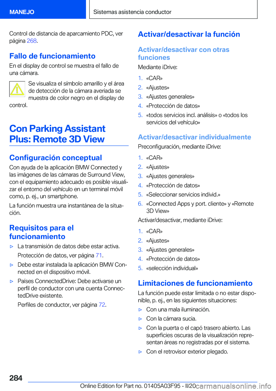 BMW 3 SERIES 2020  Manuales de Empleo (in Spanish) �C�o�n�t�r�o�l��d�e��d�i�s�t�a�n�c�i�a��d�e��a�p�a�r�c�a�m�i�e�n�t�o��P�D�C�,��v�e�r�p�