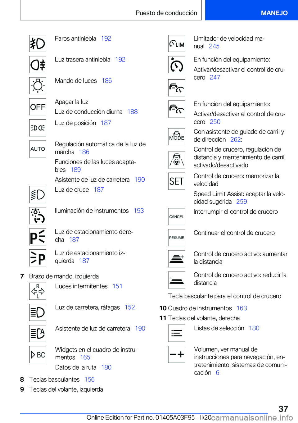 BMW 3 SERIES 2020  Manuales de Empleo (in Spanish) �F�a�r�o�s��a�n�t�i�n�i�e�b�l�a\_�1�9�2�L�u�z��t�r�a�s�e�r�a��a�n�t�i�n�i�e�b�l�a\_ �1�9�2�M�a�n�d�o��d�e��l�u�c�e�s\_�1�8�6�A�p�a�g�a�r��l�a��l�u�z
�L�u�z��d�e��c�o�n�d�u�c�c�i�