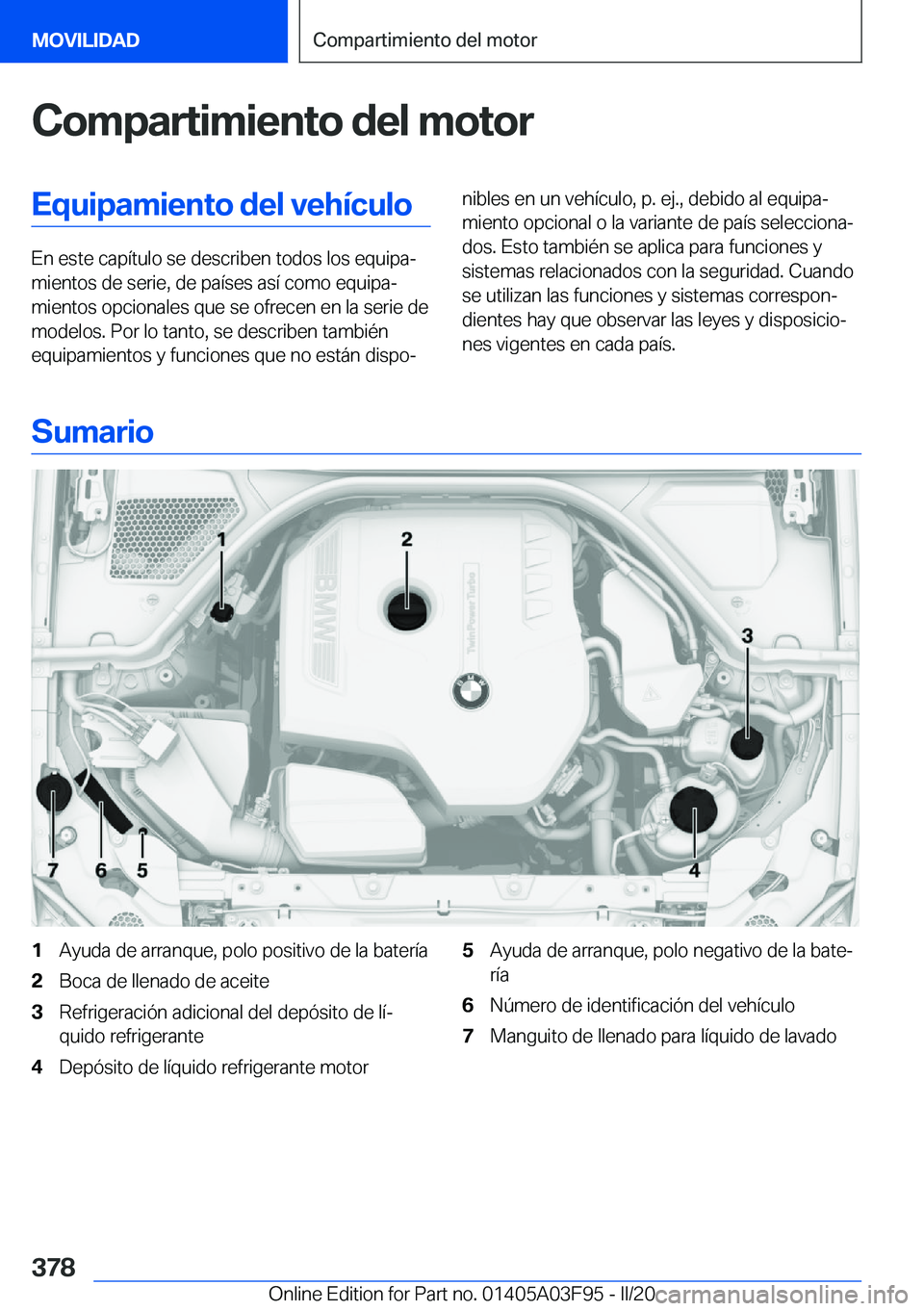 BMW 3 SERIES 2020  Manuales de Empleo (in Spanish) �C�o�m�p�a�r�t�i�m�i�e�n�t�o��d�e�l��m�o�t�o�r�E�q�u�i�p�a�m�i�e�n�t�o��d�e�l��v�e�h�