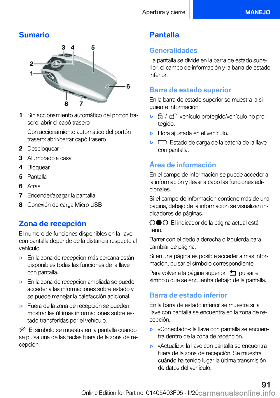 BMW 3 SERIES 2020  Manuales de Empleo (in Spanish) �S�u�m�a�r�i�o�1�S�i�n��a�c�c�i�o�n�a�m�i�e�n�t�o��a�u�t�o�m�