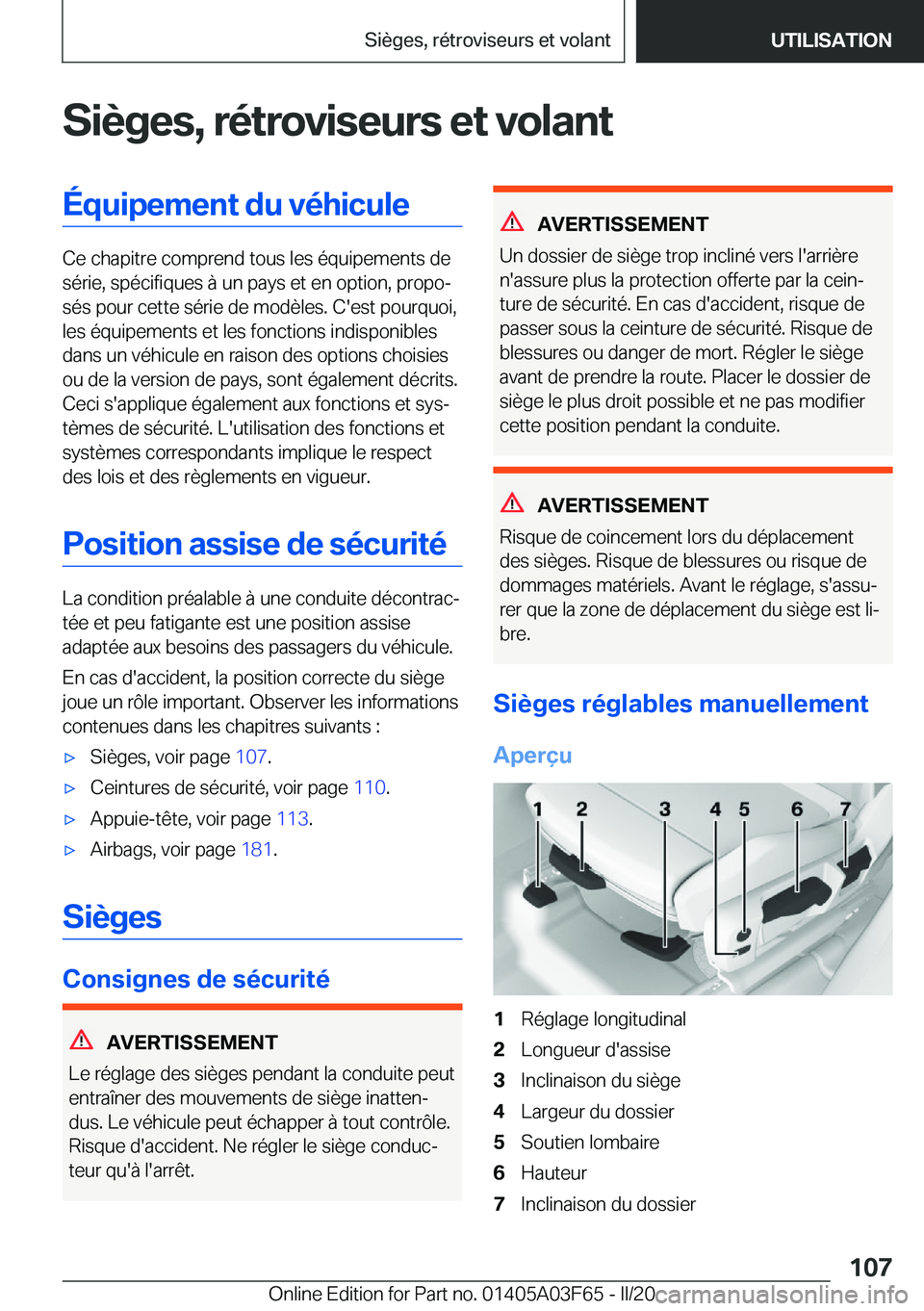 BMW 3 SERIES 2020  Notices Demploi (in French) �S�i�è�g�e�s�,��r�é�t�r�o�v�i�s�e�u�r�s��e�t��v�o�l�a�n�t�