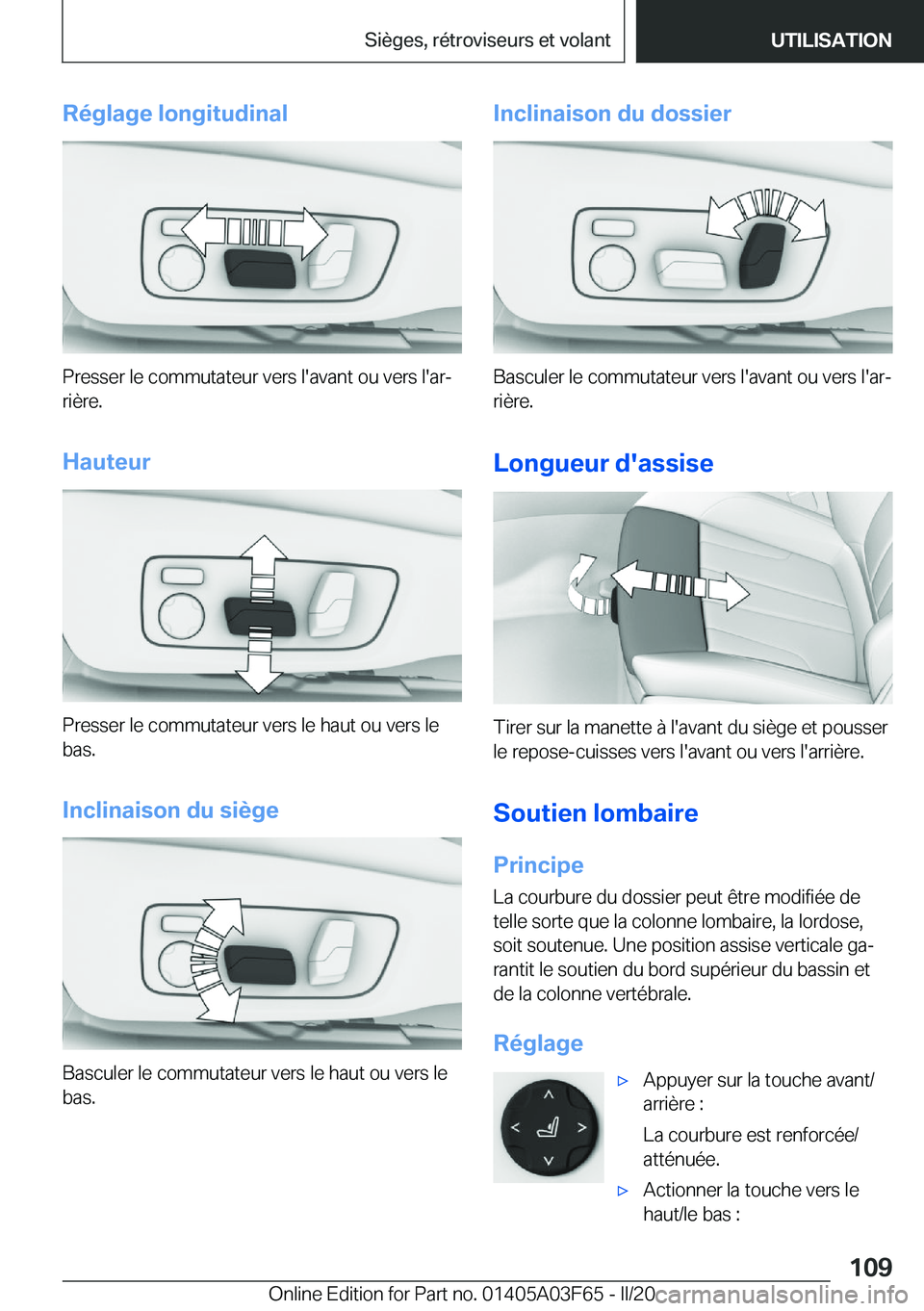 BMW 3 SERIES 2020  Notices Demploi (in French) �R�é�g�l�a�g�e��l�o�n�g�i�t�u�d�i�n�a�l
�P�r�e�s�s�e�r��l�e��c�o�m�m�u�t�a�t�e�u�r��v�e�r�s��l�'�a�v�a�n�t��o�u��v�e�r�s��l�'�a�rj�r�i�è�r�e�.
�H�a�u�t�e�u�r
�P�r�e�s�s�e�r��l�e��