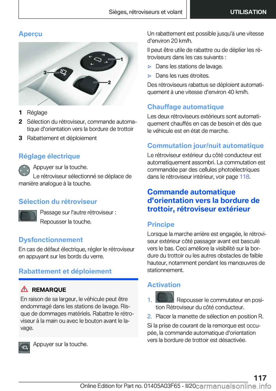 BMW 3 SERIES 2020  Notices Demploi (in French) �A�p�e�r�ç�u�1�R�é�g�l�a�g�e�2�S�é�l�e�c�t�i�o�n��d�u��r�é�t�r�o�v�i�s�e�u�r�,��c�o�m�m�a�n�d�e��a�u�t�o�m�aj
�t�i�q�u�e��d�'�o�r�i�e�n�t�a�t�i�o�n��v�e�r�s��l�a��b�o�r�d�u�r�e��d�e�