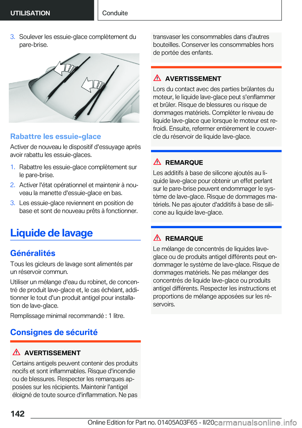 BMW 3 SERIES 2020  Notices Demploi (in French) �3�.�S�o�u�l�e�v�e�r��l�e�s��e�s�s�u�i�e�-�g�l�a�c�e��c�o�m�p�l�è�t�e�m�e�n�t��d�u
�p�a�r�e�-�b�r�i�s�e�.
�R�a�b�a�t�t�r�e��l�e�s��e�s�s�u�i�e�-�g�l�a�c�e
�A�c�t�i�v�e�r��d�e��n�o�u�v�e�a�u�
