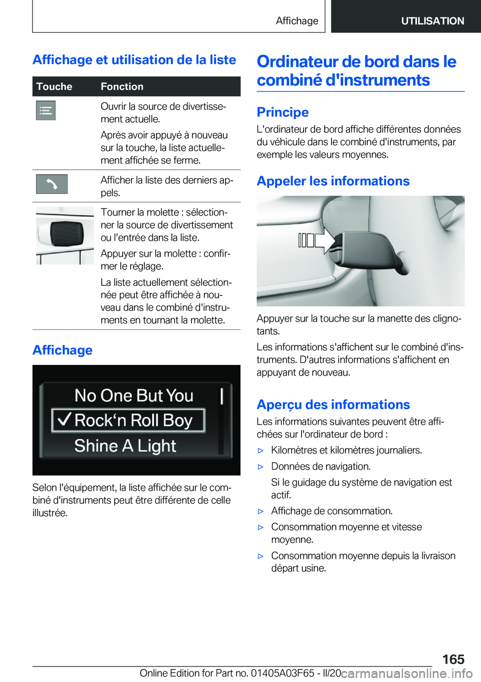 BMW 3 SERIES 2020  Notices Demploi (in French) �A�f�f�i�c�h�a�g�e��e�t��u�t�i�l�i�s�a�t�i�o�n��d�e��l�a��l�i�s�t�e�T�o�u�c�h�e�F�o�n�c�t�i�o�n�O�u�v�r�i�r��l�a��s�o�u�r�c�e��d�e��d�i�v�e�r�t�i�s�s�ej
�m�e�n�t��a�c�t�u�e�l�l�e�.
�A�p�r�