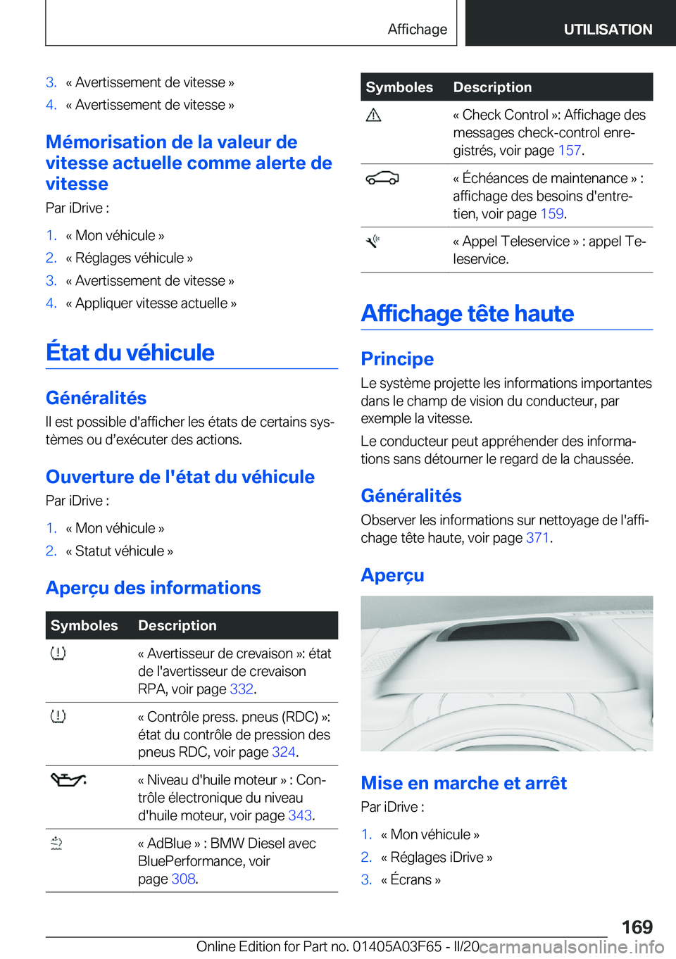 BMW 3 SERIES 2020  Notices Demploi (in French) �3�.�k��A�v�e�r�t�i�s�s�e�m�e�n�t��d�e��v�i�t�e�s�s�e��{�4�.�k��A�v�e�r�t�i�s�s�e�m�e�n�t��d�e��v�i�t�e�s�s�e��{
�M�é�m�o�r�i�s�a�t�i�o�n��d�e��l�a��v�a�l�e�u�r��d�e
�v�i�t�e�s�s�e��a�c�
