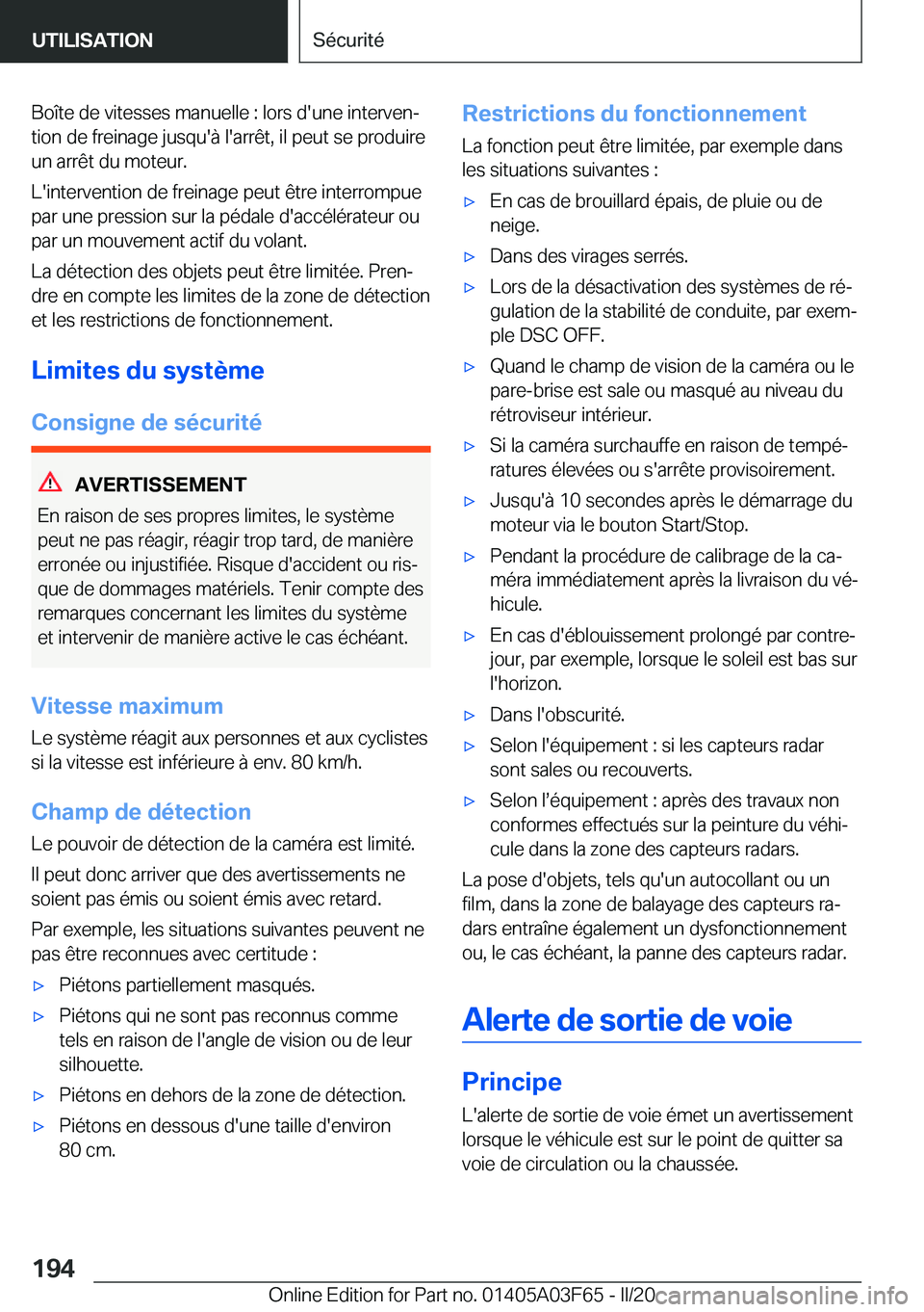 BMW 3 SERIES 2020  Notices Demploi (in French) �B�o�î�t�e��d�e��v�i�t�e�s�s�e�s��m�a�n�u�e�l�l�e��:��l�o�r�s��d�'�u�n�e��i�n�t�e�r�v�e�nj
�t�i�o�n��d�e��f�r�e�i�n�a�g�e��j�u�s�q�u�'�