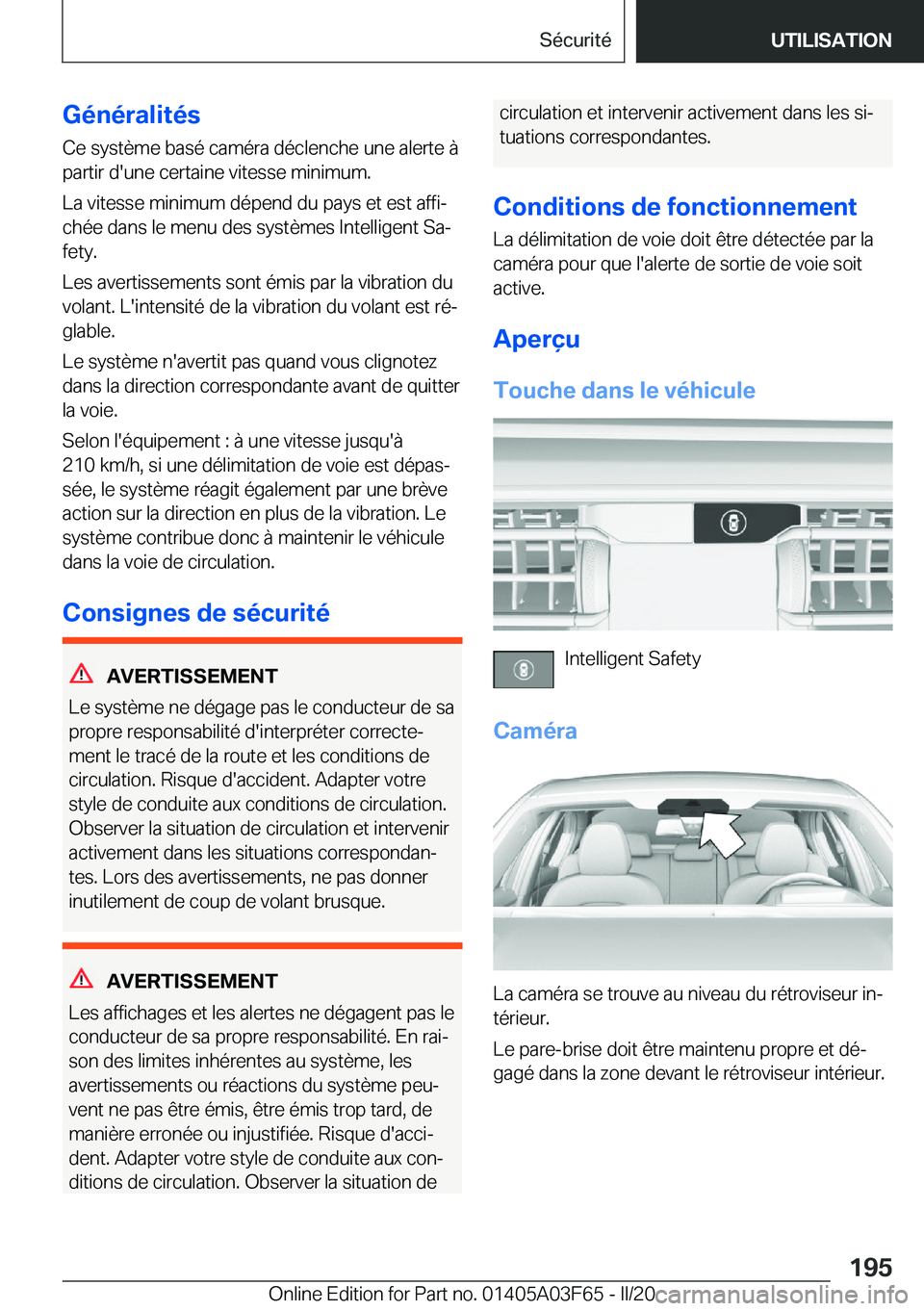 BMW 3 SERIES 2020  Notices Demploi (in French) �G�é�n�é�r�a�l�i�t�é�s�C�e��s�y�s�t�è�m�e��b�a�s�é��c�a�m�é�r�a��d�é�c�l�e�n�c�h�e��u�n�e��a�l�e�r�t�e��