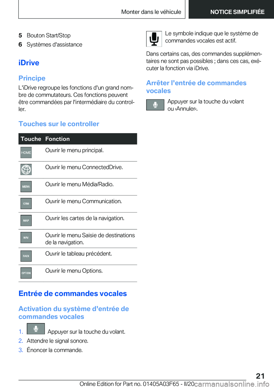 BMW 3 SERIES 2020  Notices Demploi (in French) �5�B�o�u�t�o�n��S�t�a�r�t�/�S�t�o�p�6�S�y�s�t�è�m�e�s��d�'�a�s�s�i�s�t�a�n�c�e
�i�D�r�i�v�e
�P�r�i�n�c�i�p�e �L�'�i�D�r�i�v�e��r�e�g�r�o�u�p�e��l�e�s��f�o�n�c�t�i�o�n�s��d�'�u�n��g