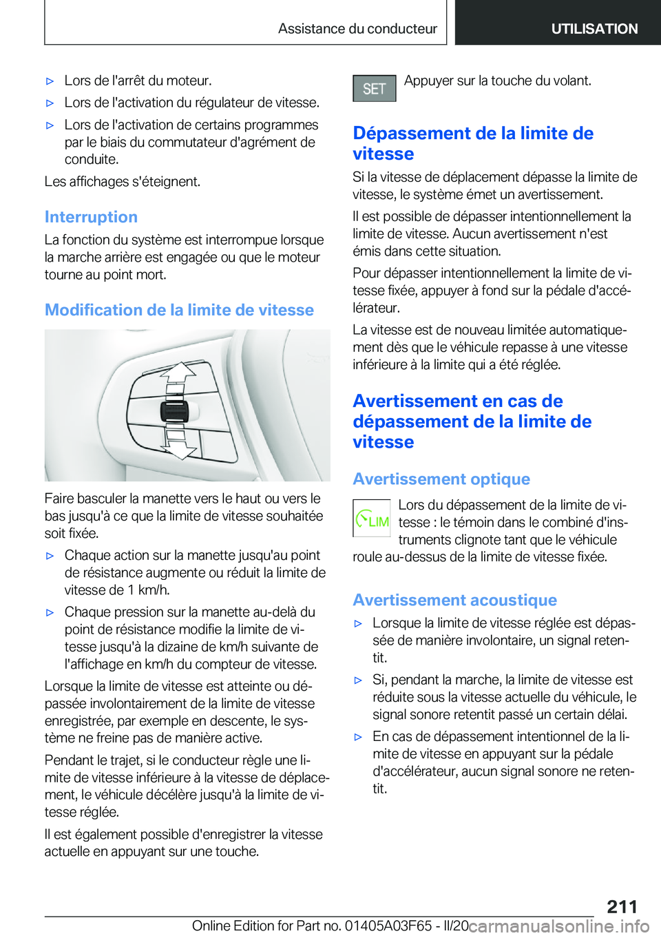 BMW 3 SERIES 2020  Notices Demploi (in French) 'x�L�o�r�s��d�e��l�'�a�r�r�ê�t��d�u��m�o�t�e�u�r�.'x�L�o�r�s��d�e��l�'�a�c�t�i�v�a�t�i�o�n��d�u��r�é�g�u�l�a�t�e�u�r��d�e��v�i�t�e�s�s�e�.'x�L�o�r�s��d�e��l�'�a�c
