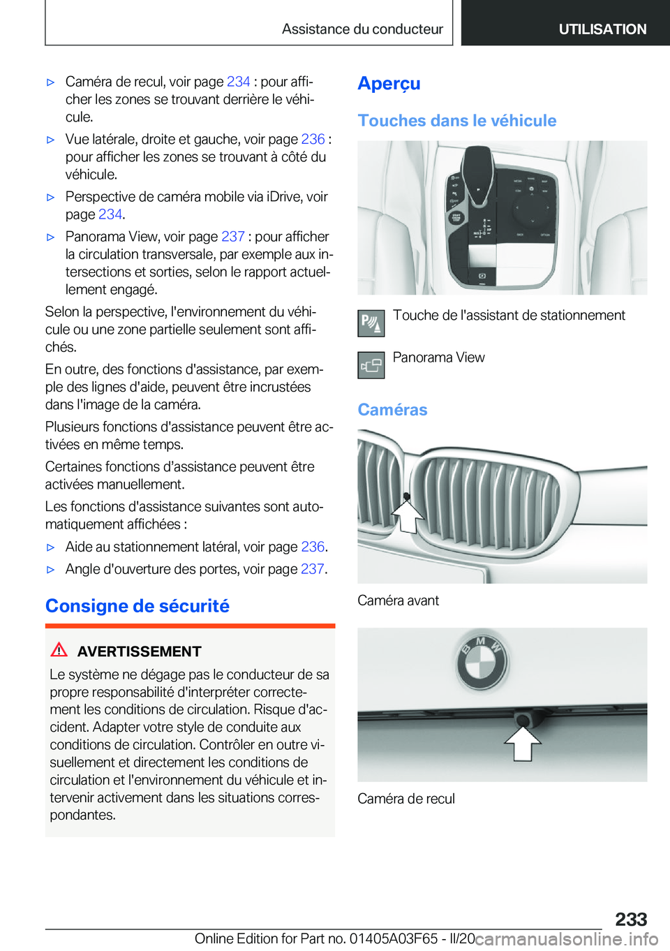 BMW 3 SERIES 2020  Notices Demploi (in French) 'x�C�a�m�é�r�a��d�e��r�e�c�u�l�,��v�o�i�r��p�a�g�e��2�3�4��:��p�o�u�r��a�f�f�ij
�c�h�e�r��l�e�s��z�o�n�e�s��s�e��t�r�o�u�v�a�n�t��d�e�r�r�i�è�r�e��l�e��v�é�h�ij
�c�u�l�e�.'