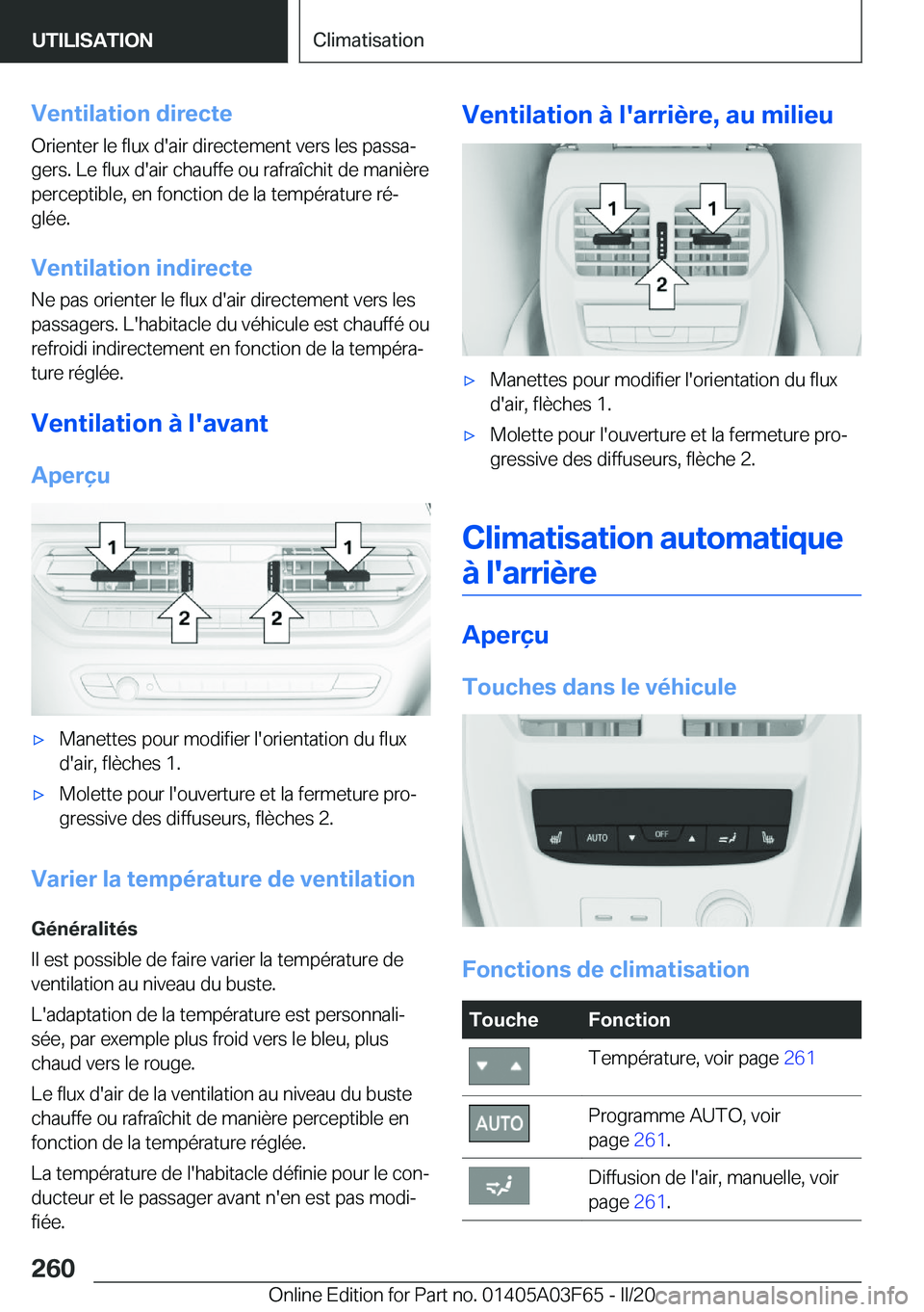BMW 3 SERIES 2020  Notices Demploi (in French) �V�e�n�t�i�l�a�t�i�o�n��d�i�r�e�c�t�e
�O�r�i�e�n�t�e�r��l�e��f�l�u�x��d�'�a�i�r��d�i�r�e�c�t�e�m�e�n�t��v�e�r�s��l�e�s��p�a�s�s�aj �g�e�r�s�.��L�e��f�l�u�x��d�'�a�i�r��c�h�a�u�f�f